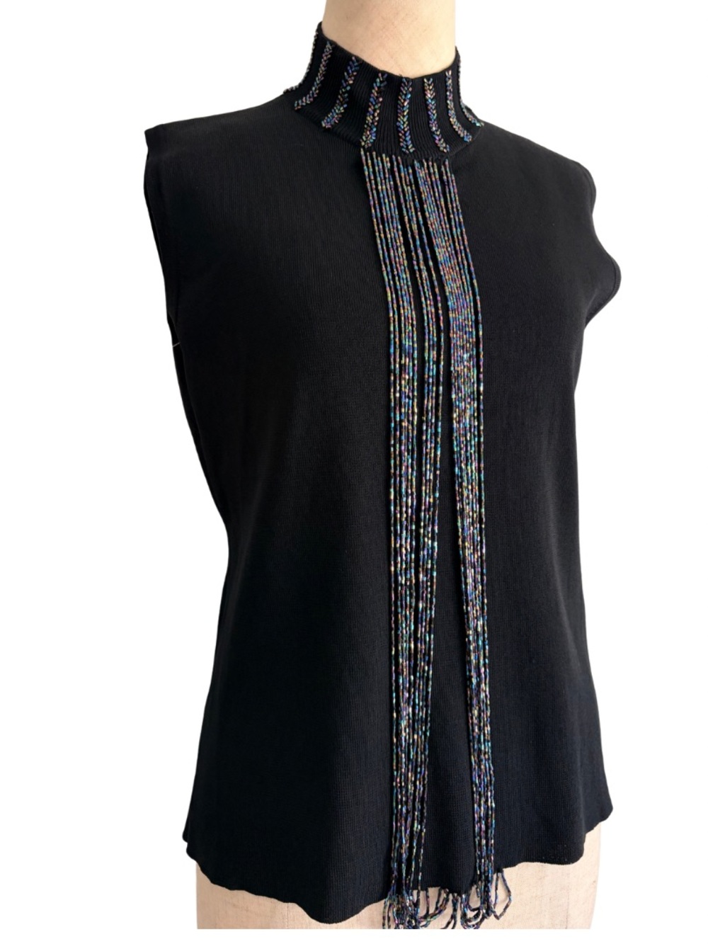 VTG 90s y2k Black Sleeveless Knit Top with Beaded Tassel Mock Neck L Whimsycore